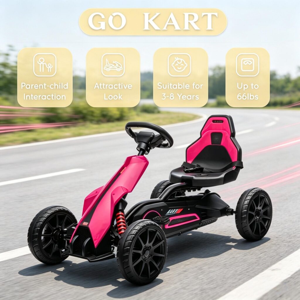 Pink Kids Pedal Go Kart, Adjustable Seat, Durable Swing Axle, Safe Outdoor Ride-On Toy