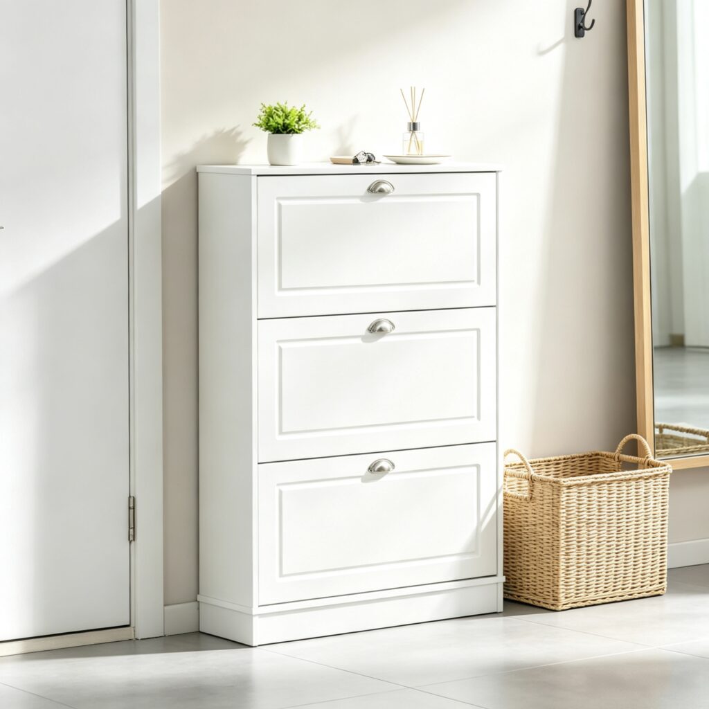 White 3-Flip-Drawer Narrow Shoe Cabinet, 12-Pair Capacity, for Entryway Hallway
