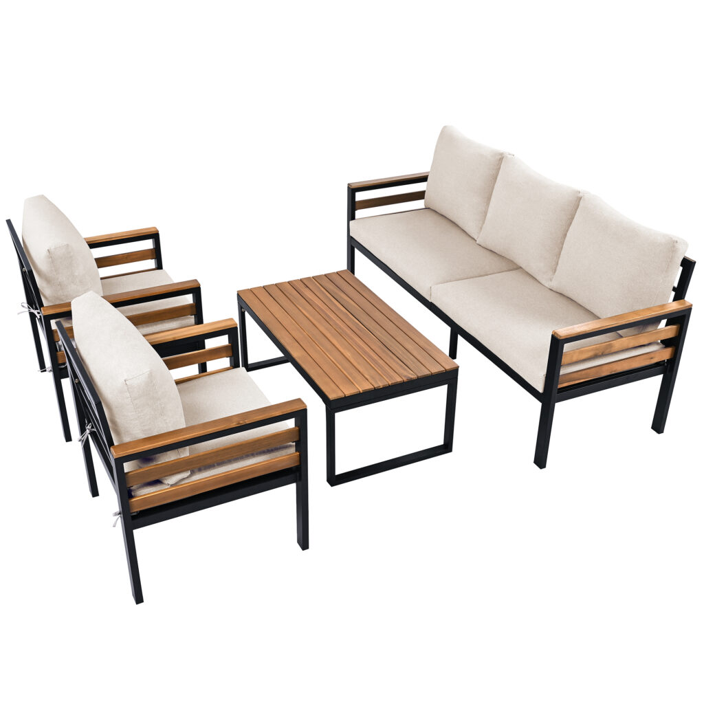4-Piece Outdoor Furniture Sofa Set for 5 People with Acacia Wood Armrests, Patio Conversation Set with Removable Cushion and Solid Wood Coffee Table for Garden,Beige