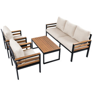 4-Piece Outdoor Furniture Sofa Set for 5 People with Acacia Wood Armrests, Patio Conversation Set with Removable Cushion and Solid Wood Coffee Table for Garden,Beige