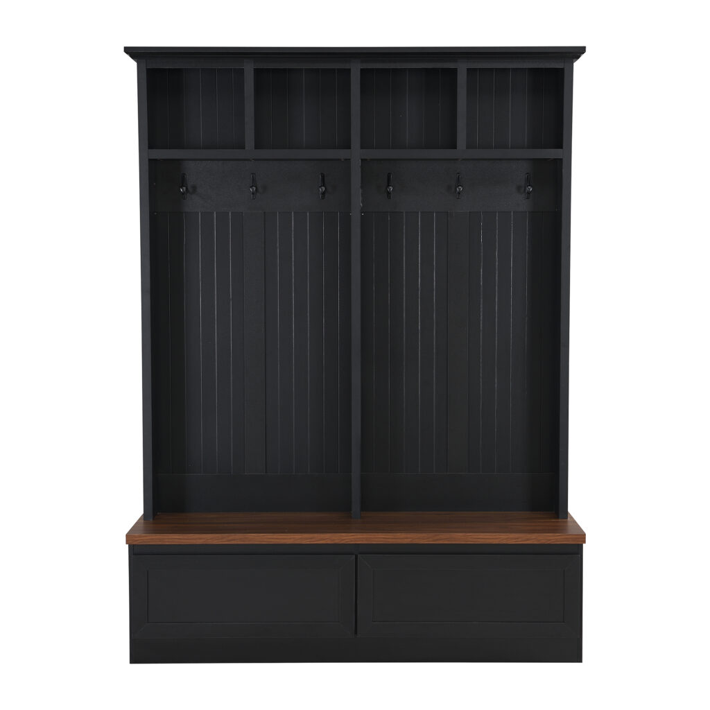 Farmhouse 4-in-1 Hall Tree with Wood Grain Bench, Mudroom Versatile Coat Rack with 2 Large Drawer
