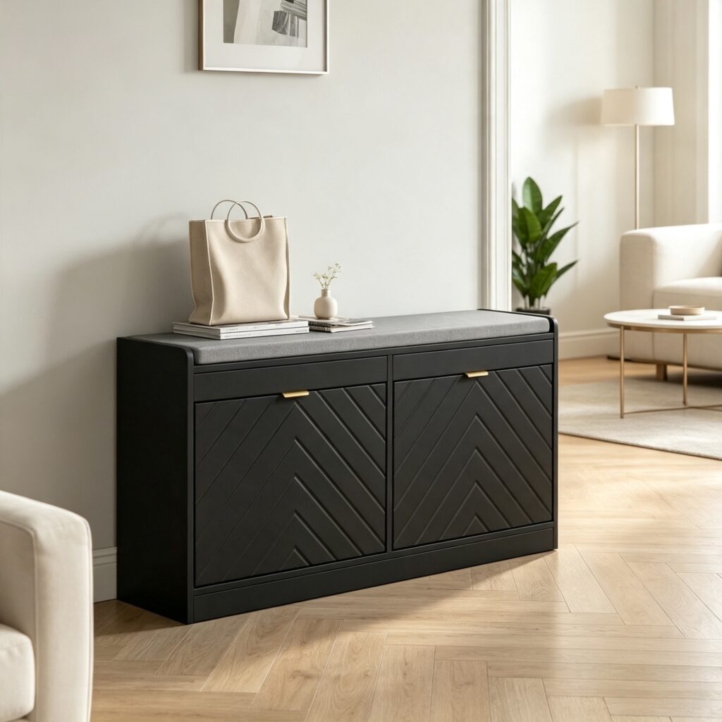 Upholstered Entry Way Bench, Narrow Storage Bench, 2 Flip Drawers, 2 Vents for 8 Pairs of Shoes