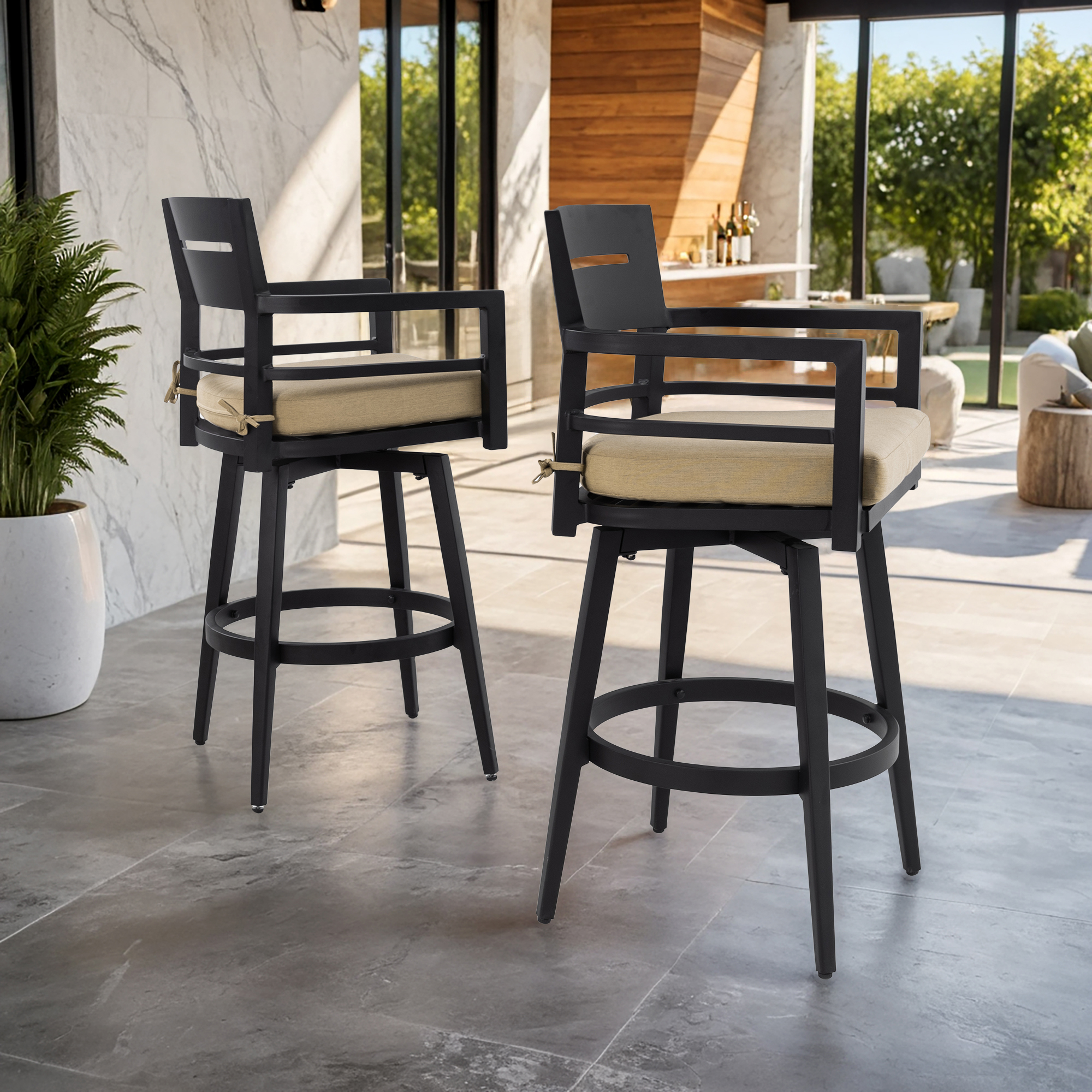 Modern Outdoor 2-Piece Swivel Bar Chairs – Aluminum Frame with Ember Black, 360° Swivel, - Image 5