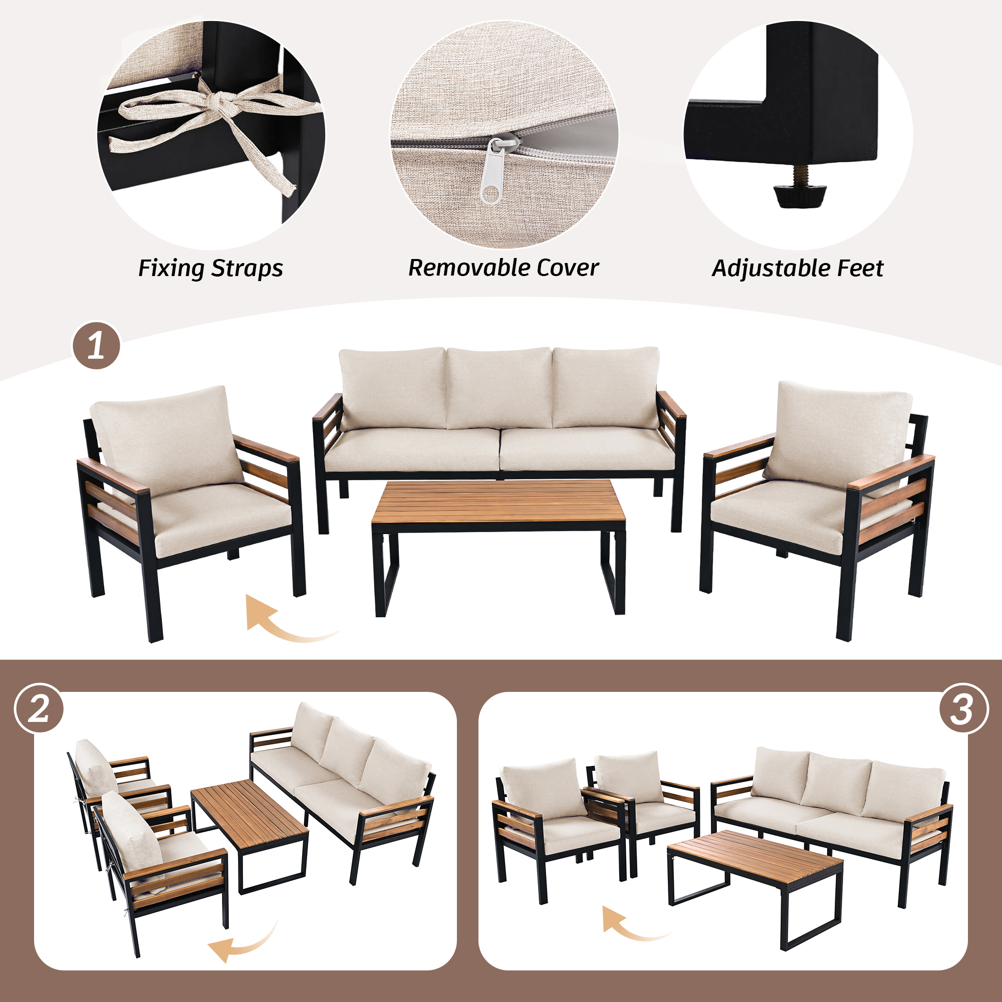 4-Piece Outdoor Furniture Sofa Set for 5 People with Acacia Wood Armrests, Patio Conversation Set with Removable Cushion and Solid Wood Coffee Table for Garden,Beige - Image 7