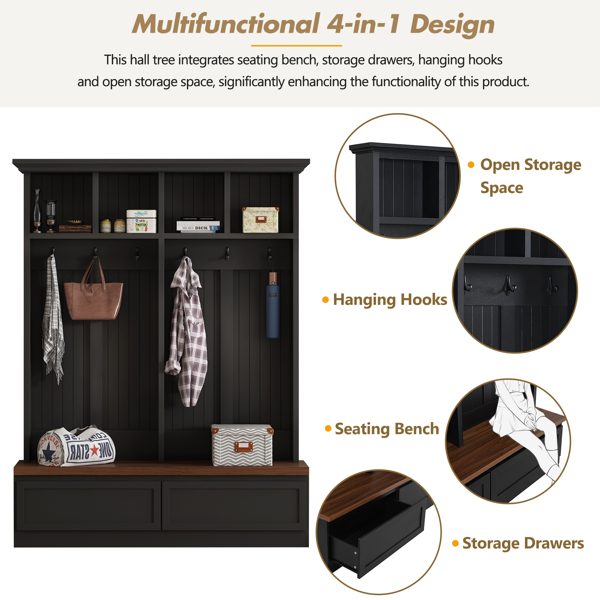 Farmhouse 4-in-1 Hall Tree with Wood Grain Bench, Mudroom Versatile Coat Rack with 2 Large Drawer - Image 4