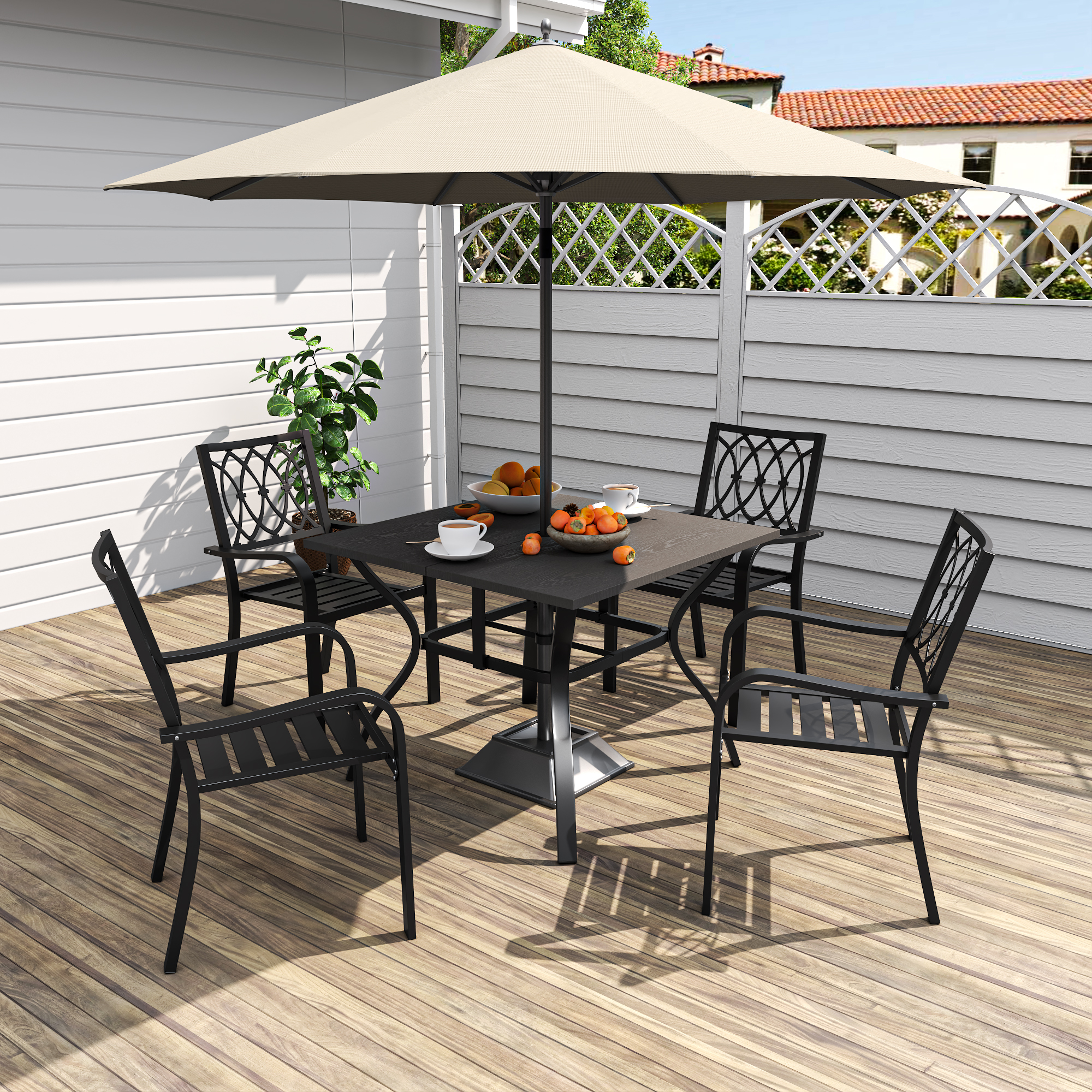 5‑Piece Outdoor Patio Dining Set, 4 Metal Chairs (350 lbs Capacity), 37.8" Square Wood‑Grain Metal Table w/ Umbrella Hole - Image 7