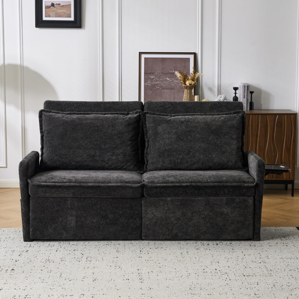 Sofa with Sleep Function Sleep Sofa with Cushions and USB, 3-in-1 Sofa&Couch with 5-Stage Adjustable Backrest, Foldable Sofa Bed with Storage, Chenille, Black