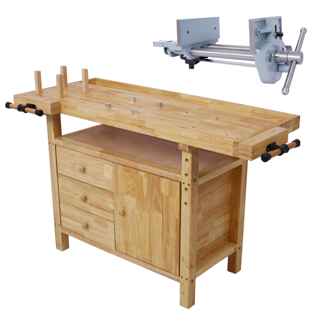 Wood Workbench - Wooden Workbench for Garage Workshop and Home, with Rapid Action Woodworking Vise 7 Inch Jaw Width Made with Heavy-Duty Cast Iron ,GRAY