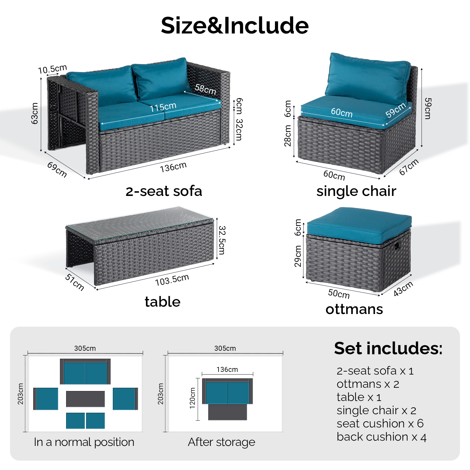 2pcs armless sofa + 2pcs footstool + 1pcs double sofa + 1pcs coffee table - Image 9