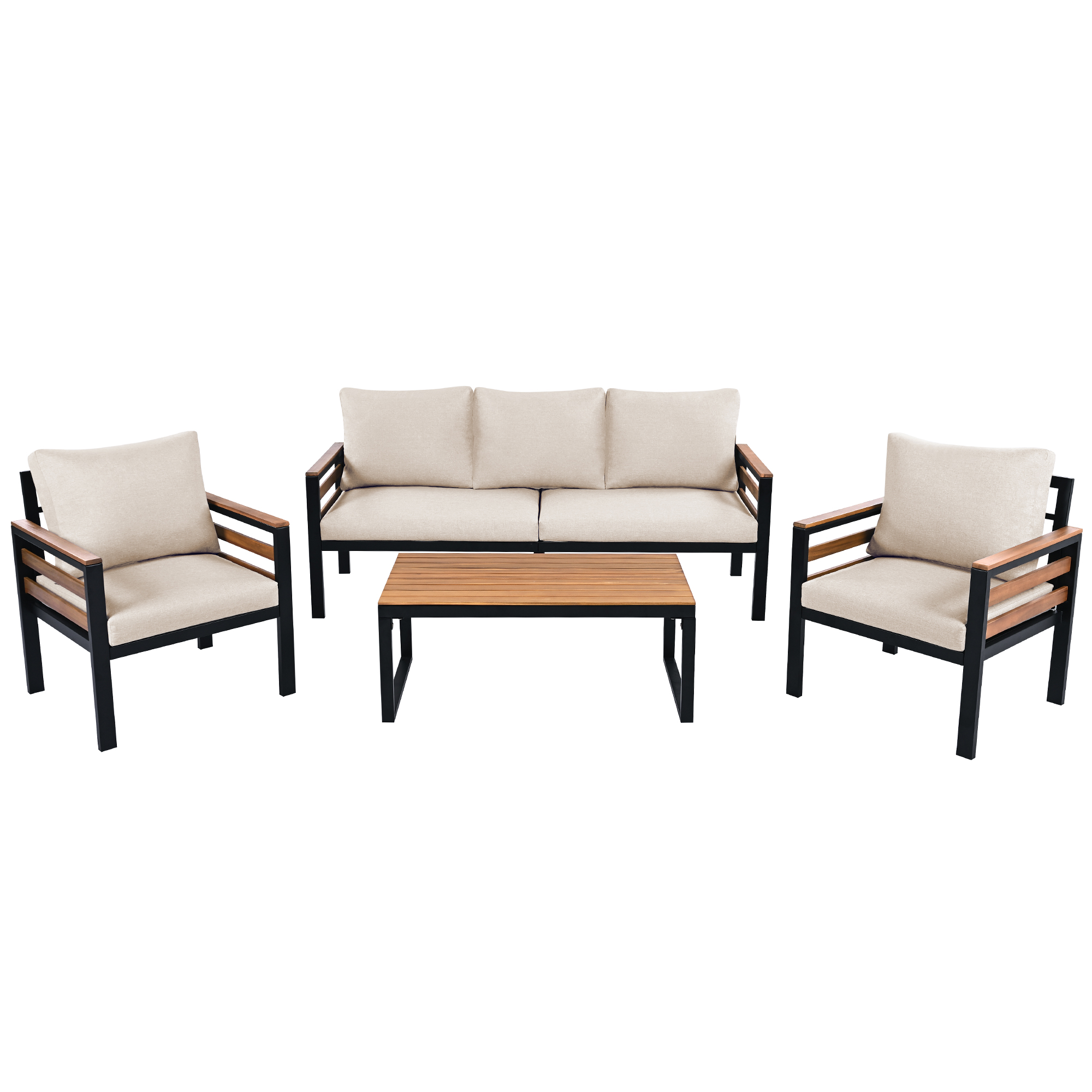 4-Piece Outdoor Furniture Sofa Set for 5 People with Acacia Wood Armrests, Patio Conversation Set with Removable Cushion and Solid Wood Coffee Table for Garden,Beige - Image 6