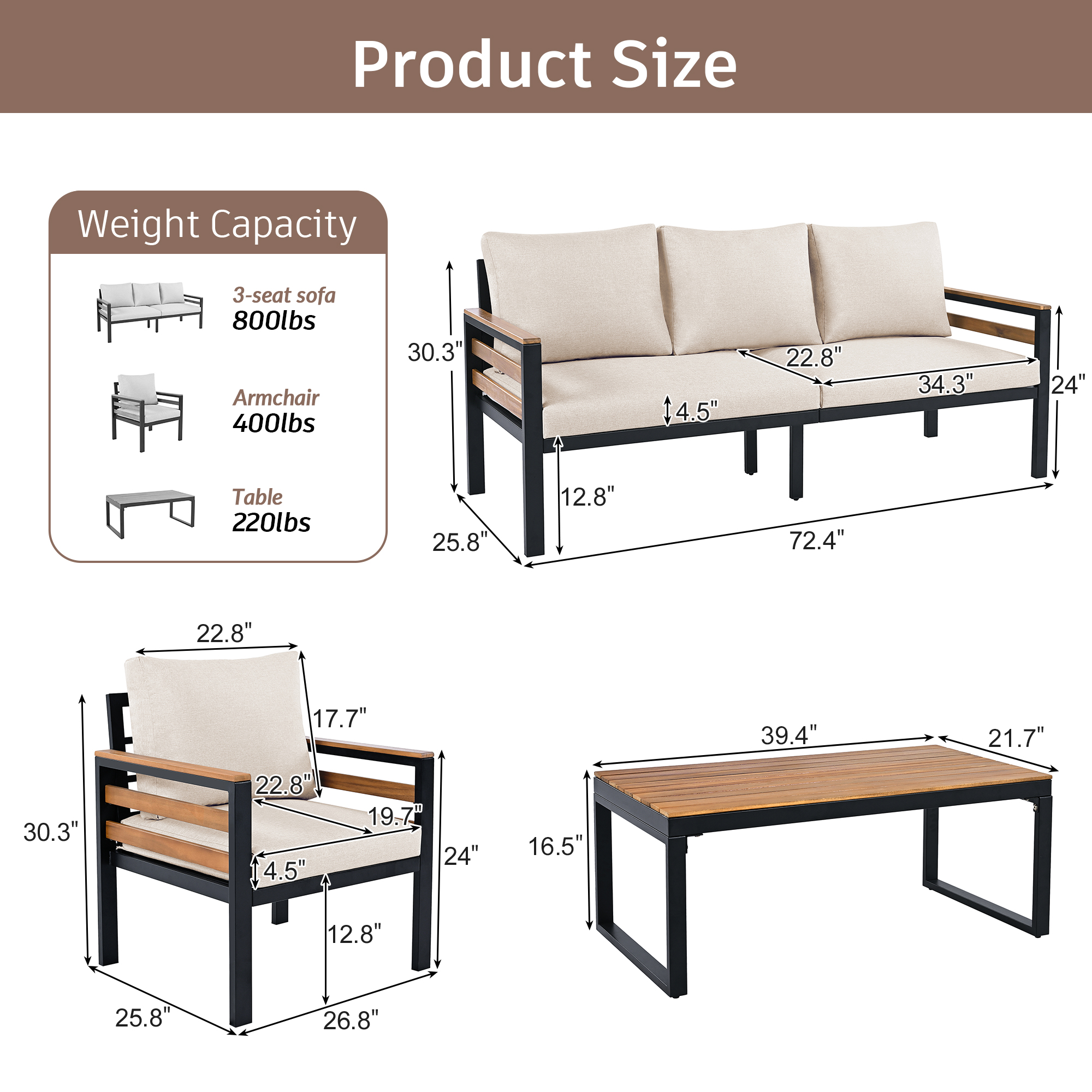 4-Piece Outdoor Furniture Sofa Set for 5 People with Acacia Wood Armrests, Patio Conversation Set with Removable Cushion and Solid Wood Coffee Table for Garden,Beige - Image 3