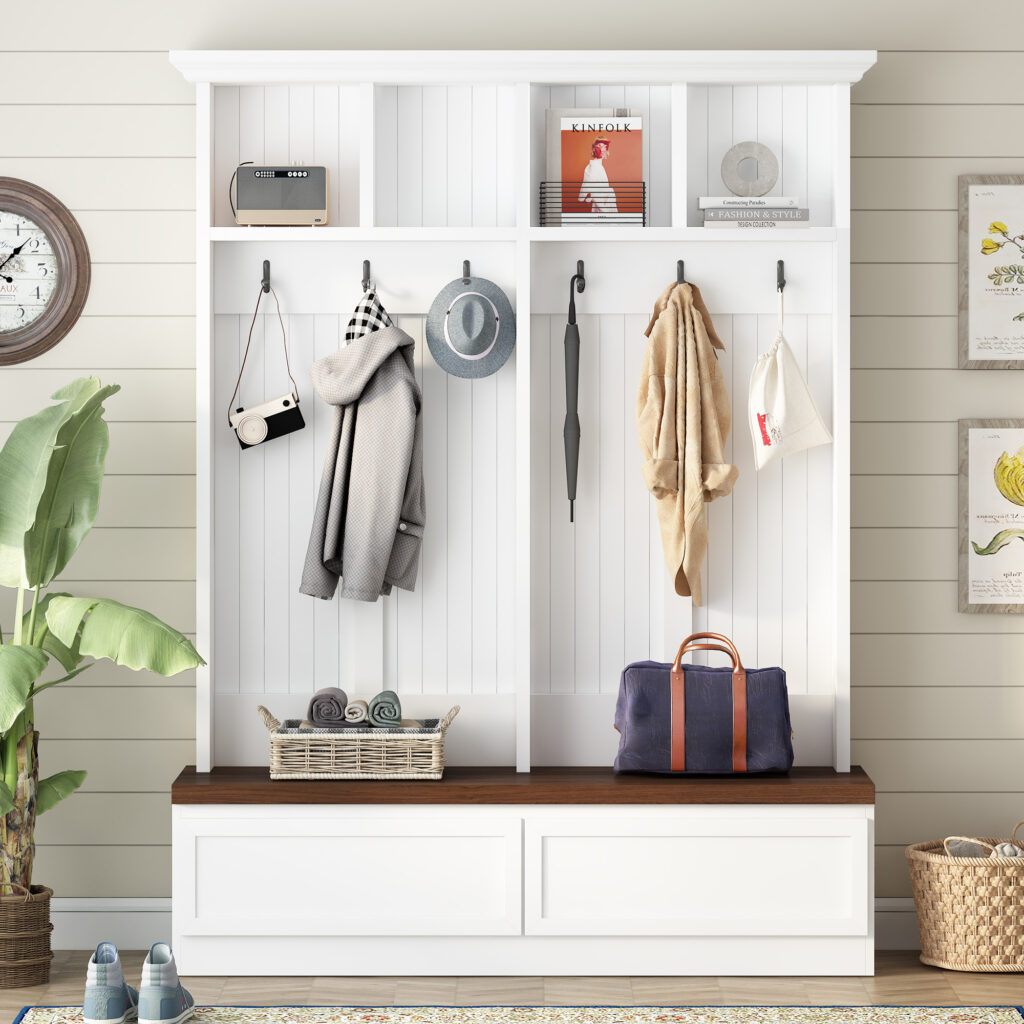 Farmhouse 4-in-1 Hall Tree with Wood Grain Bench, Mudroom Versatile Coat Rack with 2 Large Drawer, Entrance Organizer for Hallway