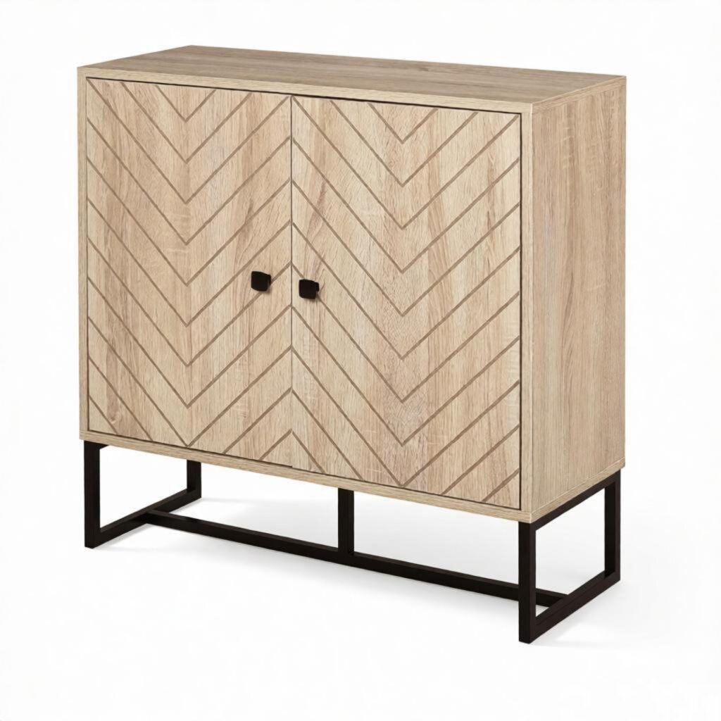 31.5" Modern Buffet Cabinet, Adjustable Shelf, Steel Base, 2 Chevron Doors Sideboard