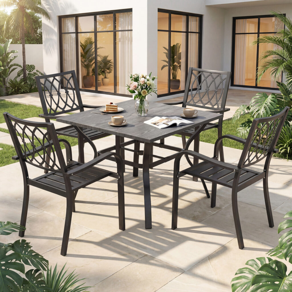 5‑Piece Outdoor Patio Dining Set, 4 Metal Chairs (350 lbs Capacity), 37.8" Square Wood‑Grain Metal Table w/ Umbrella Hole
