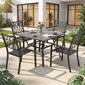 5‑Piece Outdoor Patio Dining Set, 4 Metal Chairs (350 lbs Capacity), 37.8" Square Wood‑Grain Metal Table w/ Umbrella Hole