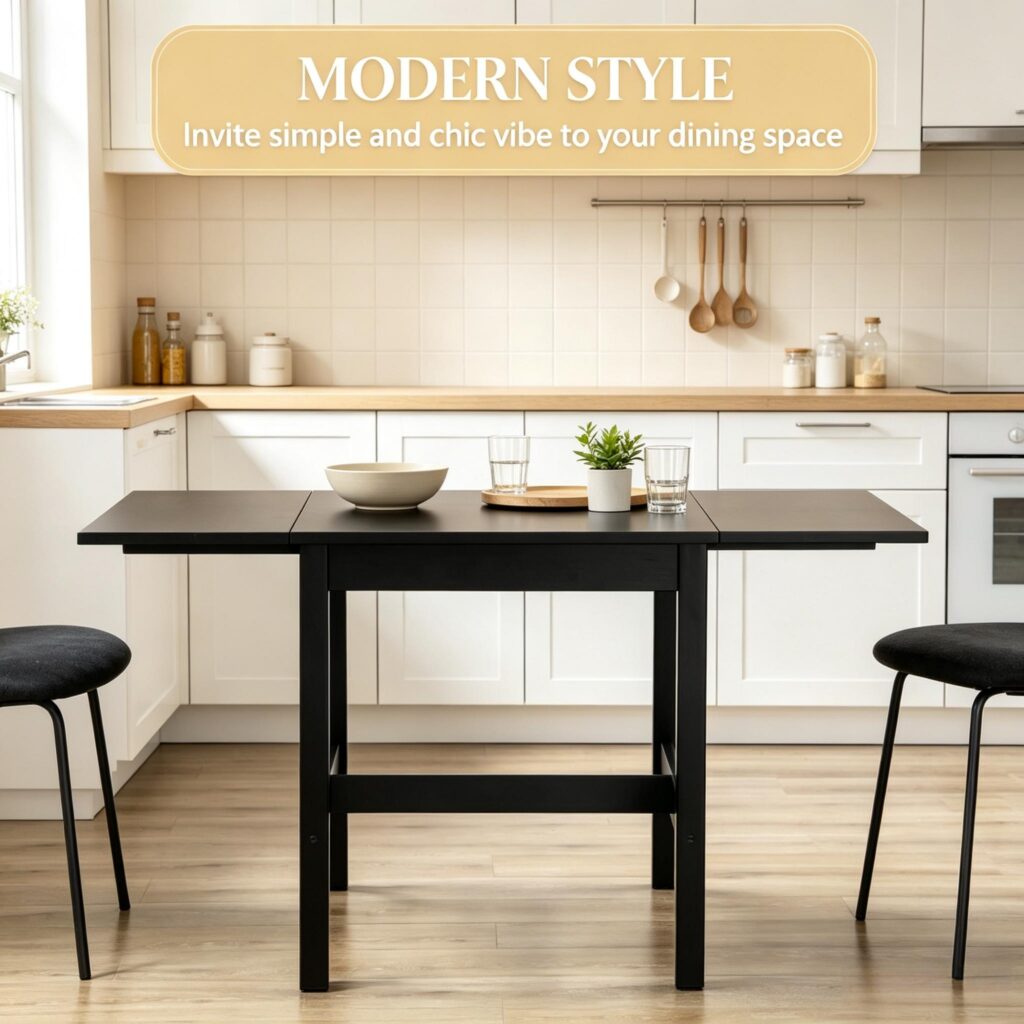 Black Drop Leaf Dining Table, Folding Design, Compact Kitchen Table for Small Spaces(Only dining table)