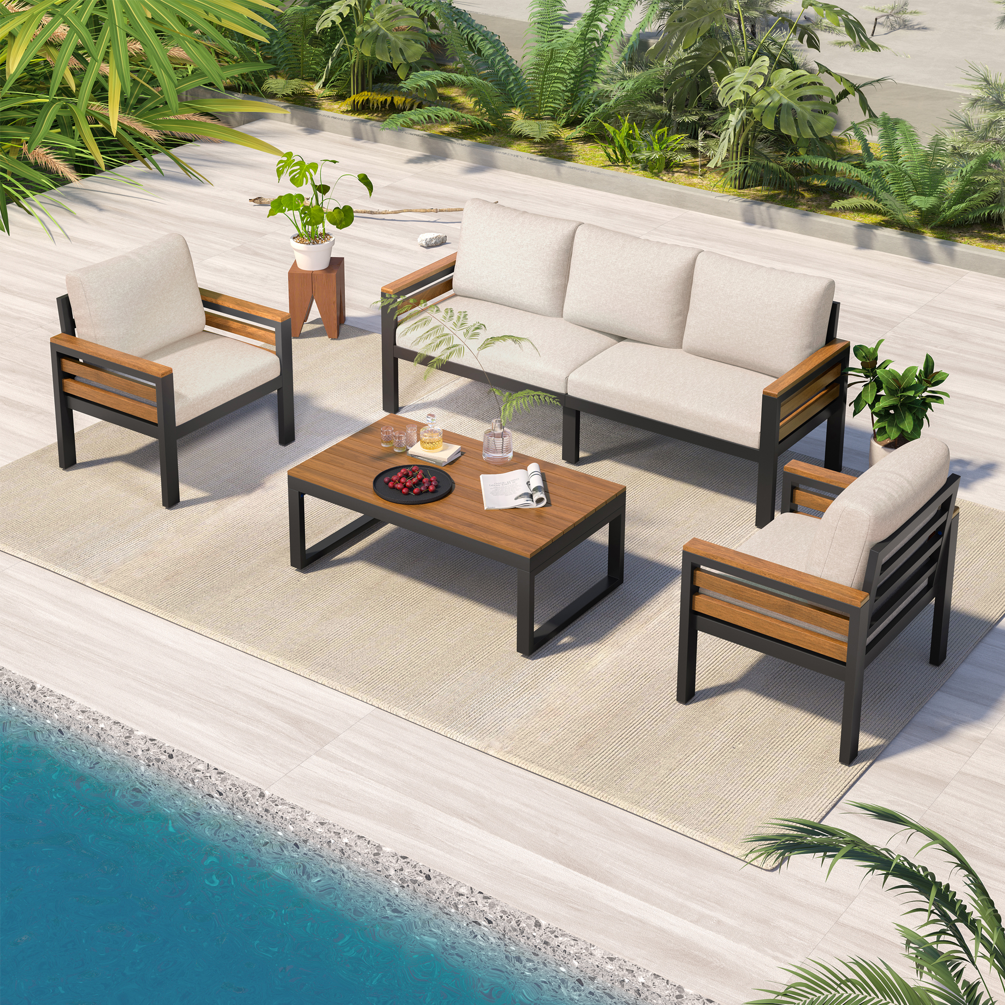 4-Piece Outdoor Furniture Sofa Set for 5 People with Acacia Wood Armrests, Patio Conversation Set with Removable Cushion and Solid Wood Coffee Table for Garden,Beige - Image 2