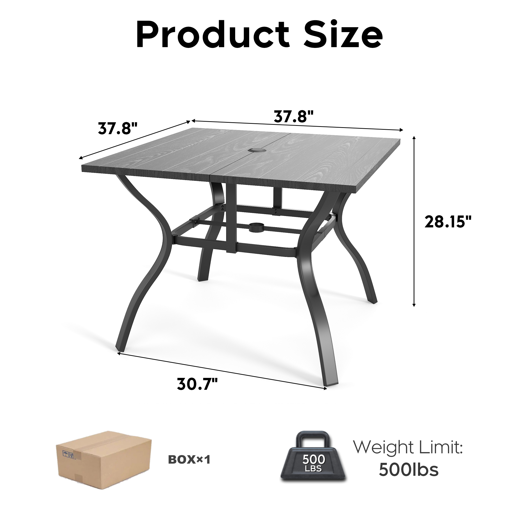 5‑Piece Outdoor Patio Dining Set, 4 Metal Chairs (350 lbs Capacity), 37.8" Square Wood‑Grain Metal Table w/ Umbrella Hole - Image 4