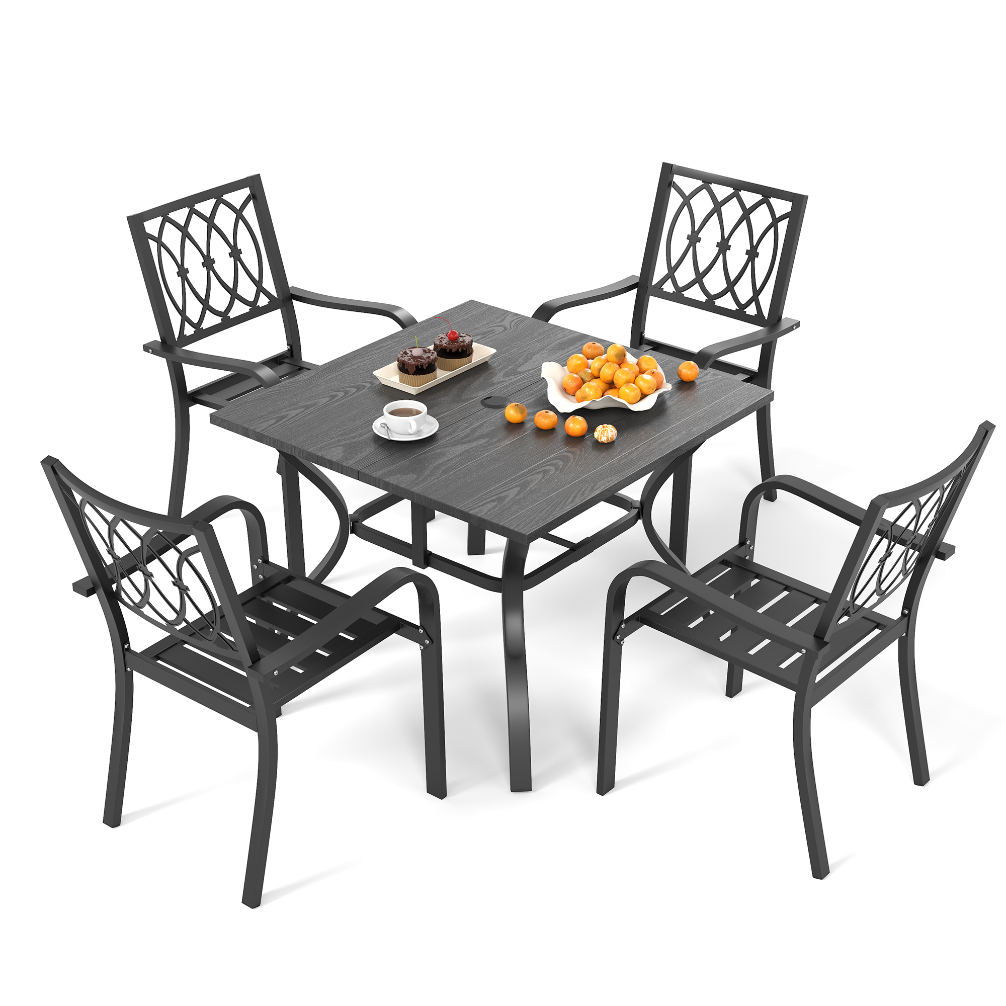 5‑Piece Outdoor Patio Dining Set, 4 Metal Chairs (350 lbs Capacity), 37.8" Square Wood‑Grain Metal Table w/ Umbrella Hole - Image 2