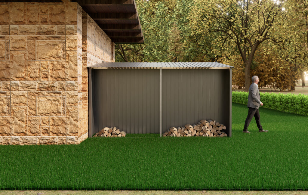 New Outdoor Storage Shed has two Functions: Metal shed and Firewood Shed 11ft x13ft ,Grey