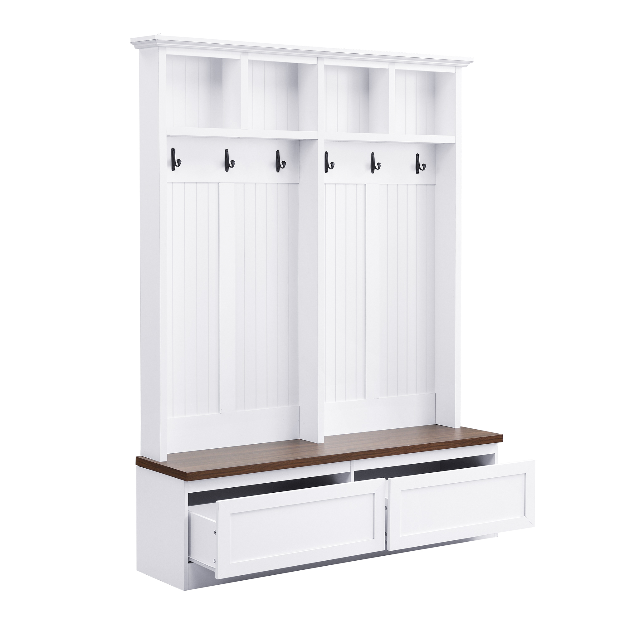 Farmhouse 4-in-1 Hall Tree with Wood Grain Bench, Mudroom Versatile Coat Rack with 2 Large Drawer, Entrance Organizer for Hallway - Image 7