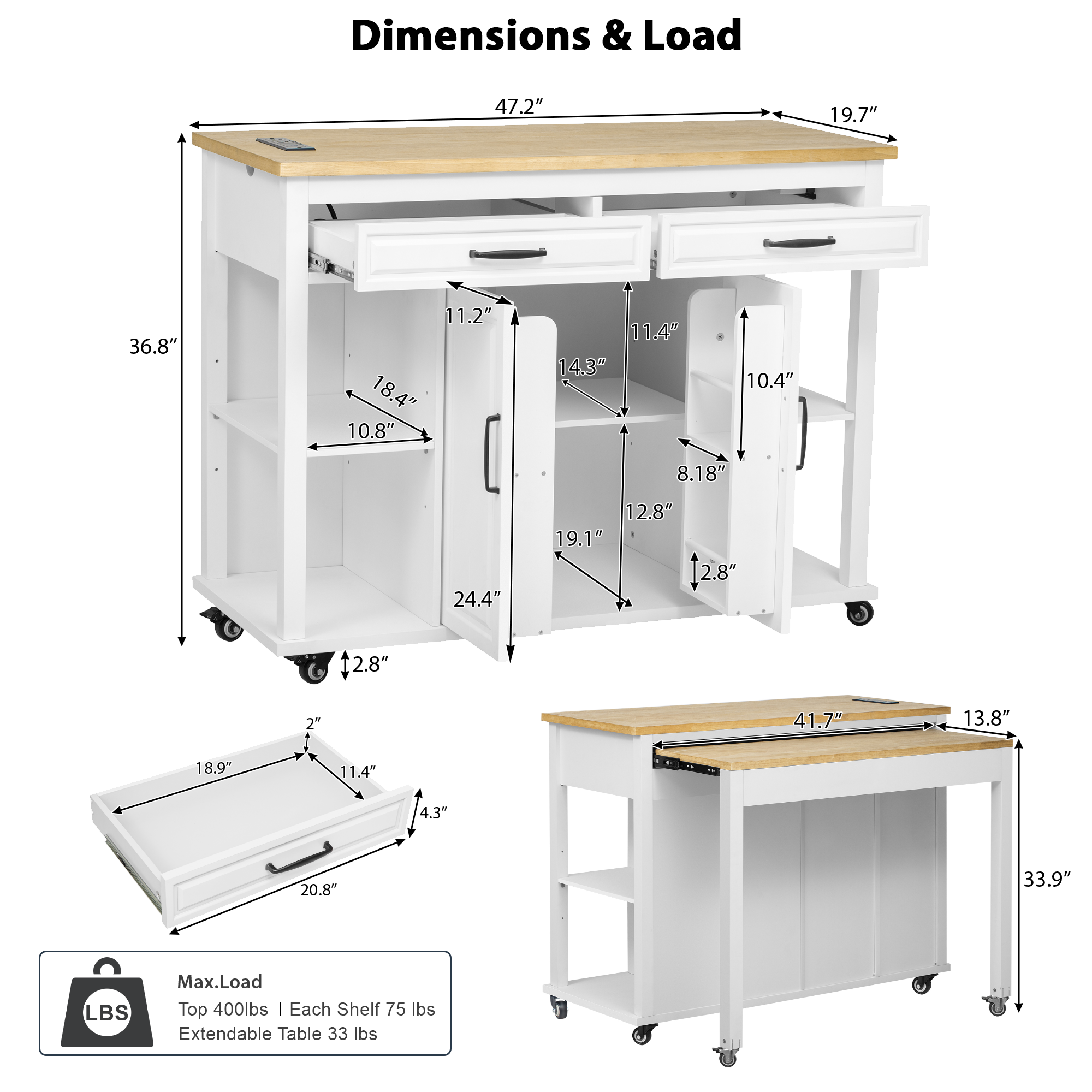 7 inch Kitchen Island with Extendable Dining Table, Rubber Wood Veneer Kitchen Table with Internal Storage Rack - Image 3