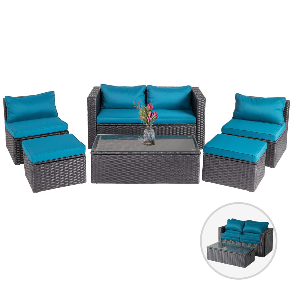 2pcs armless sofa + 2pcs footstool + 1pcs double sofa + 1pcs coffee table