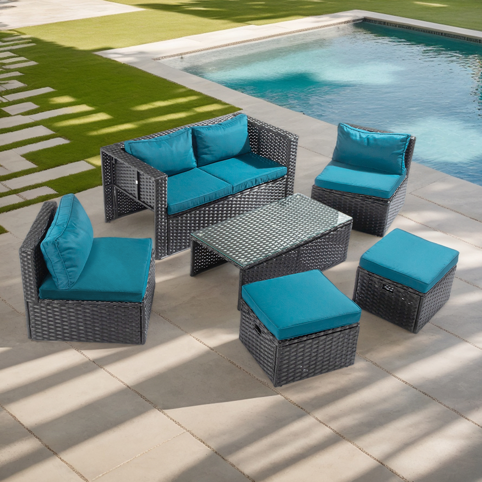 2pcs armless sofa + 2pcs footstool + 1pcs double sofa + 1pcs coffee table - Image 5