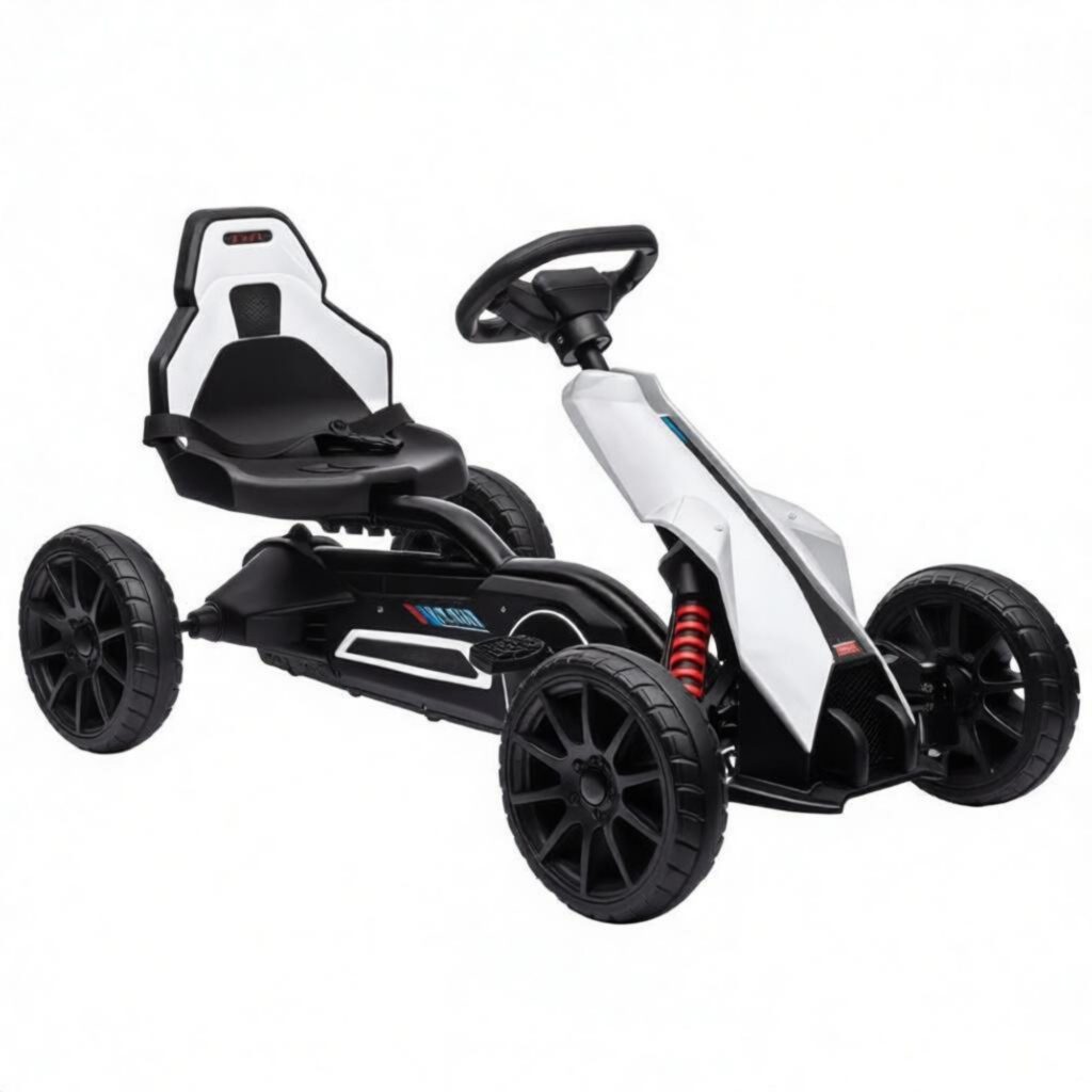 White Kids Pedal Go Kart – Adjustable Seat, Full Swing Axle, All-Terrain Ride On Toy