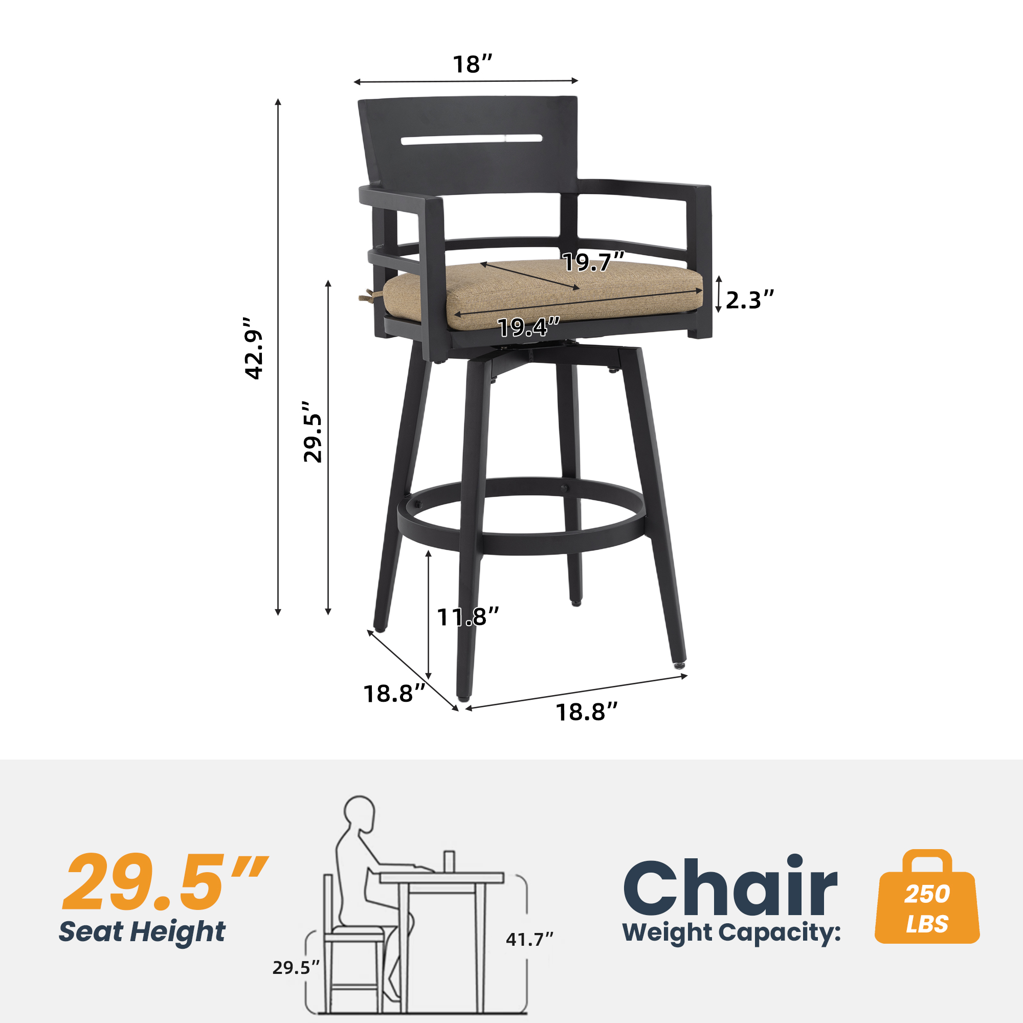 Modern Outdoor 2-Piece Swivel Bar Chairs – Aluminum Frame with Ember Black, 360° Swivel, - Image 3