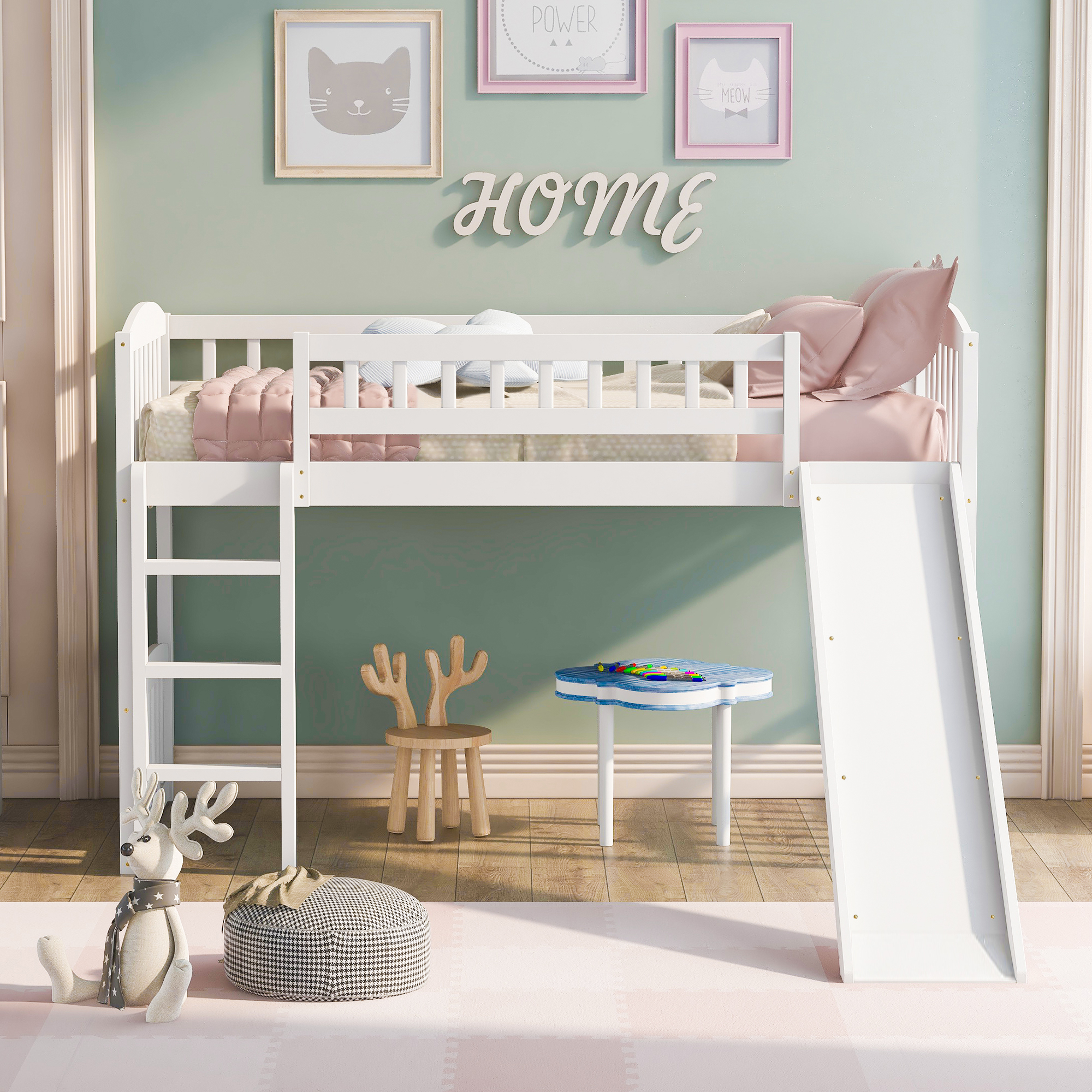 Twin size Loft Bed with Slide and Ladder, White - Image 2