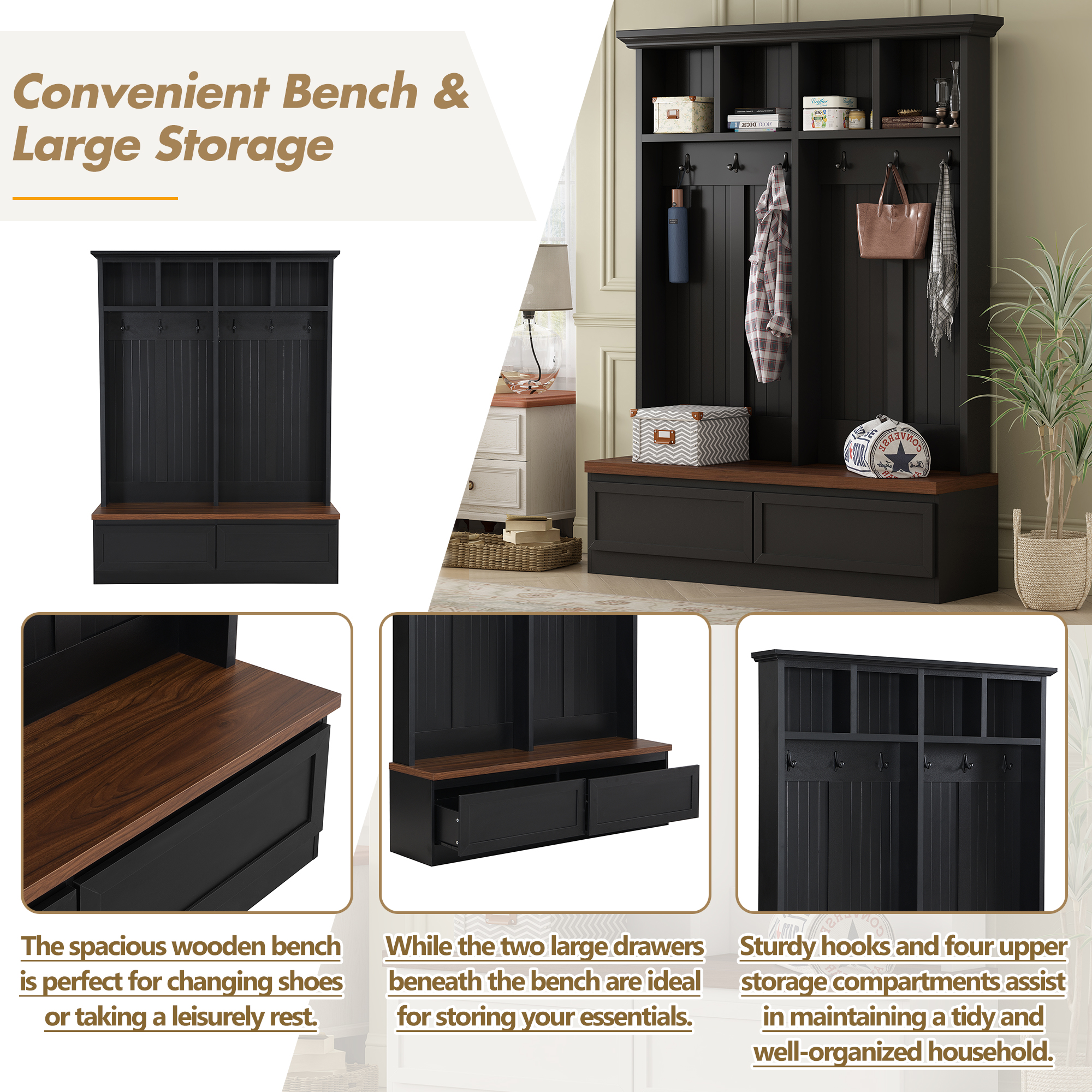 Farmhouse 4-in-1 Hall Tree with Wood Grain Bench, Mudroom Versatile Coat Rack with 2 Large Drawer - Image 2